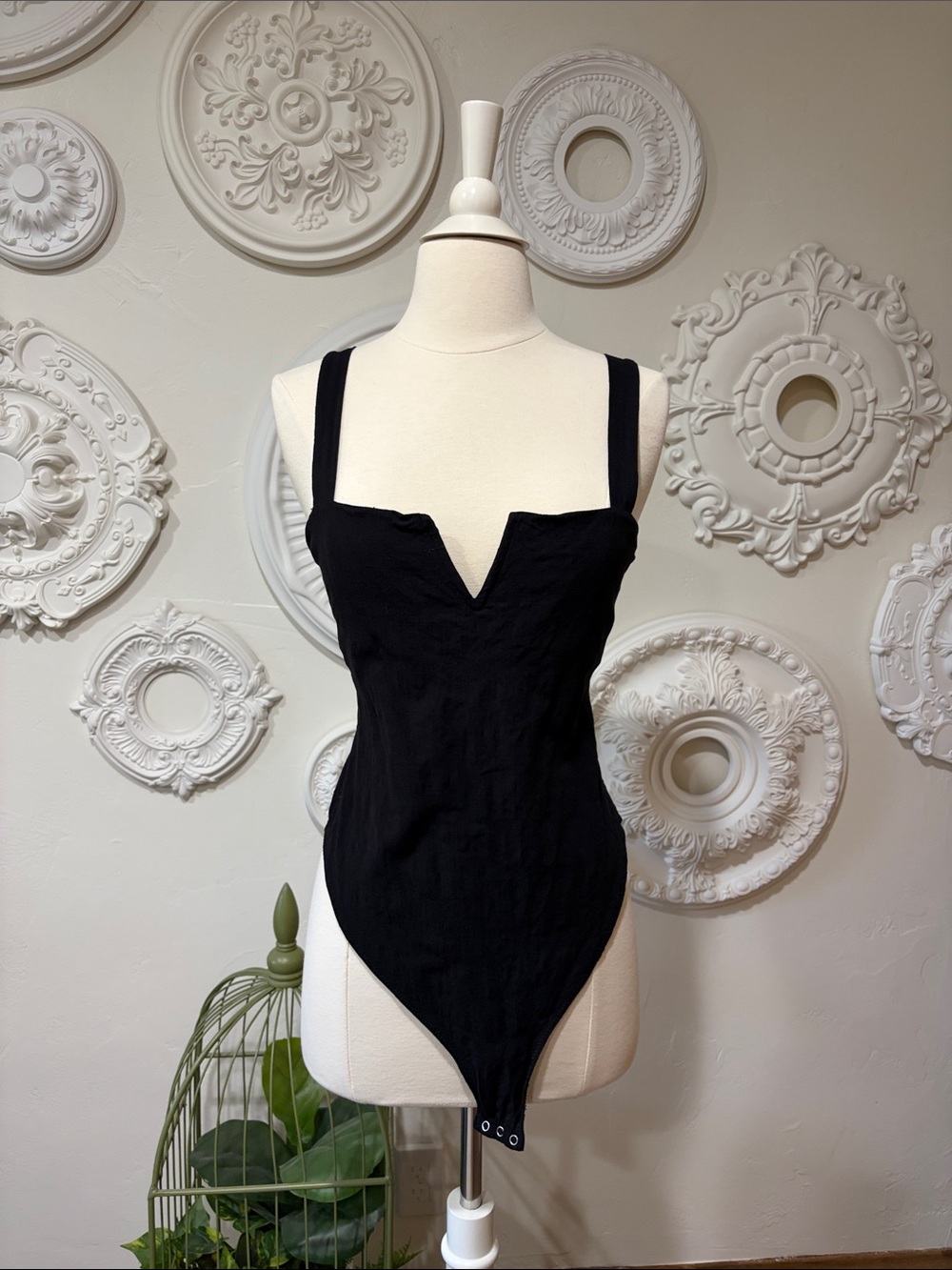 Free People Black Ribbed Bodysuit with Wide Straps